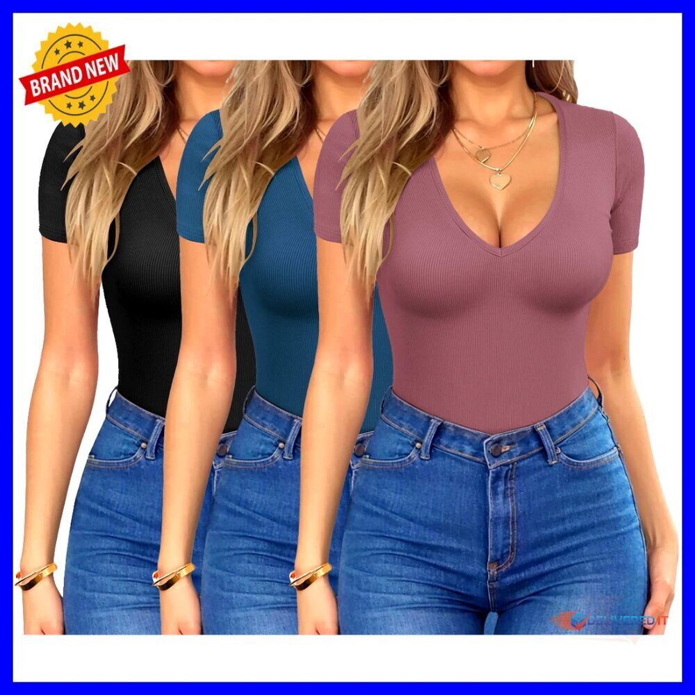 Deep V Neck Ribbed Knit Tee Slim Fit Stretchy Summer Top